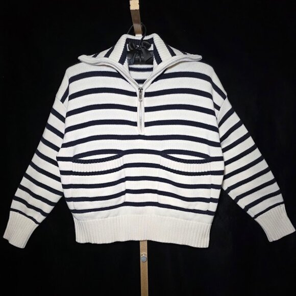 Zara Quarter Zip Collared Striped Sweater M - Picture 1 of 12